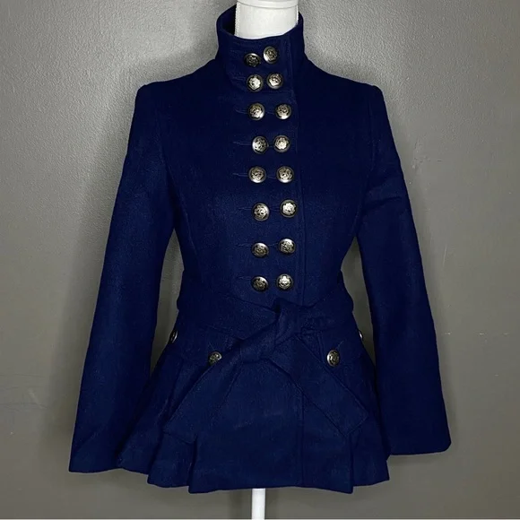 Free People Blue Peplum Military Style Pea Coat Jacket Wool Size 4 - Picture 2 of 16